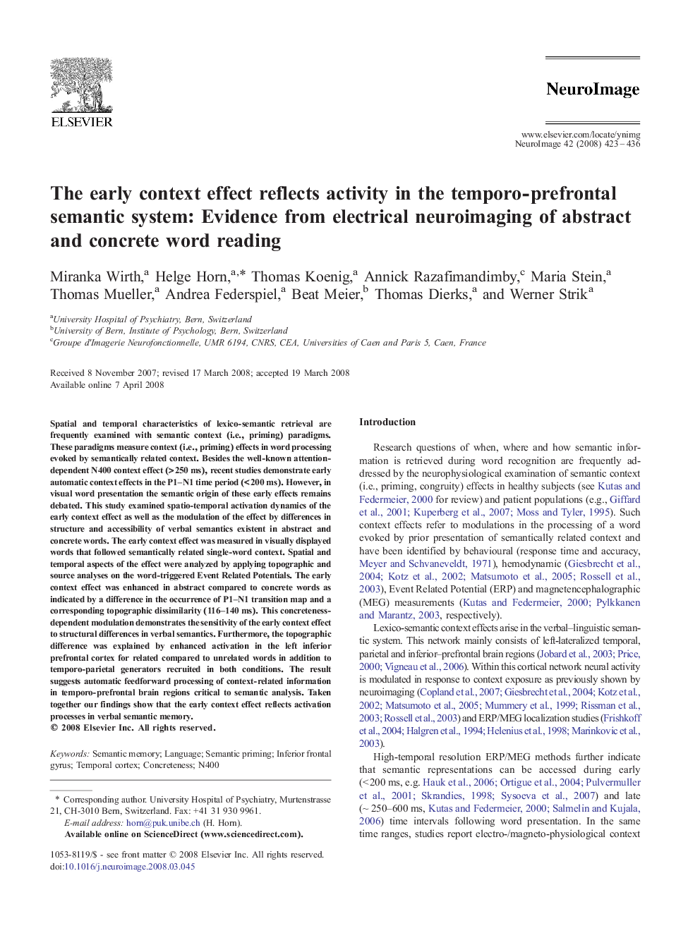 The early context effect reflects activity in the temporo-prefrontal semantic system: Evidence from electrical neuroimaging of abstract and concrete word reading