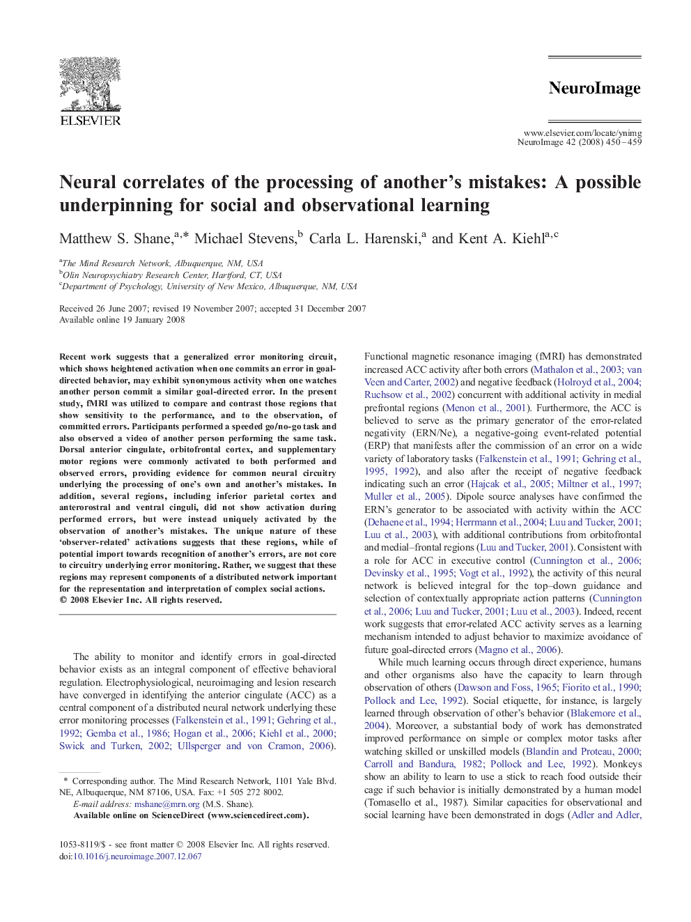 Neural correlates of the processing of another’s mistakes: A possible underpinning for social and observational learning