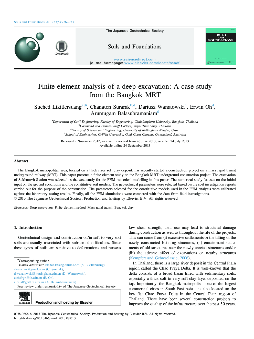 Finite element analysis of a deep excavation: A case study from the Bangkok MRT 