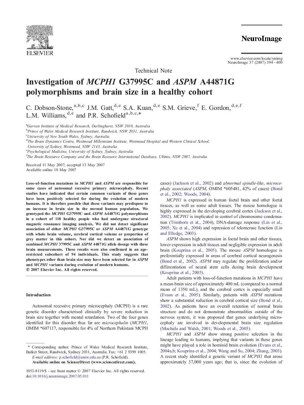 Investigation of MCPH1 G37995C and ASPM A44871G polymorphisms and brain size in a healthy cohort