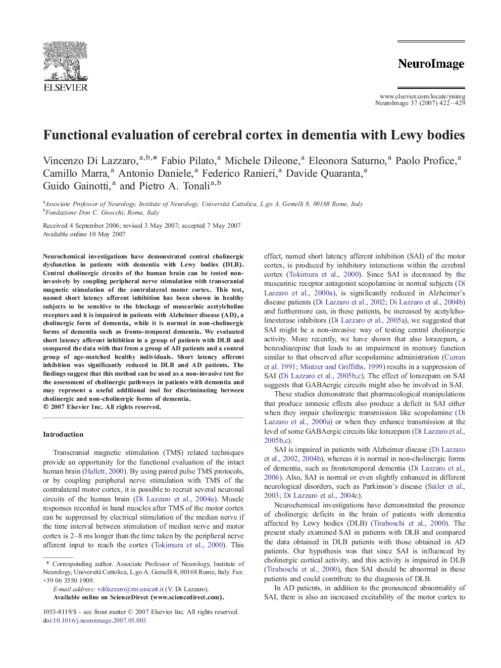 عکس صفحه اول مقاله: Functional evaluation of cerebral cortex in dementia with Lewy bodies Functional evaluation of cerebral cortex in dementia with Lewy bodies