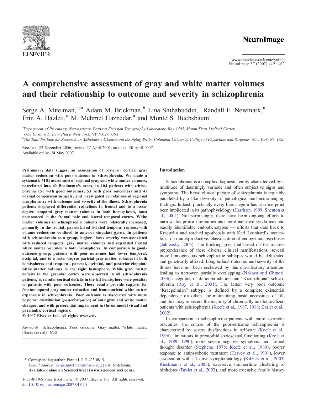 A comprehensive assessment of gray and white matter volumes and their relationship to outcome and severity in schizophrenia