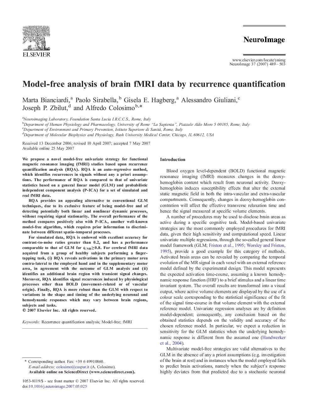 Model-free analysis of brain fMRI data by recurrence quantification