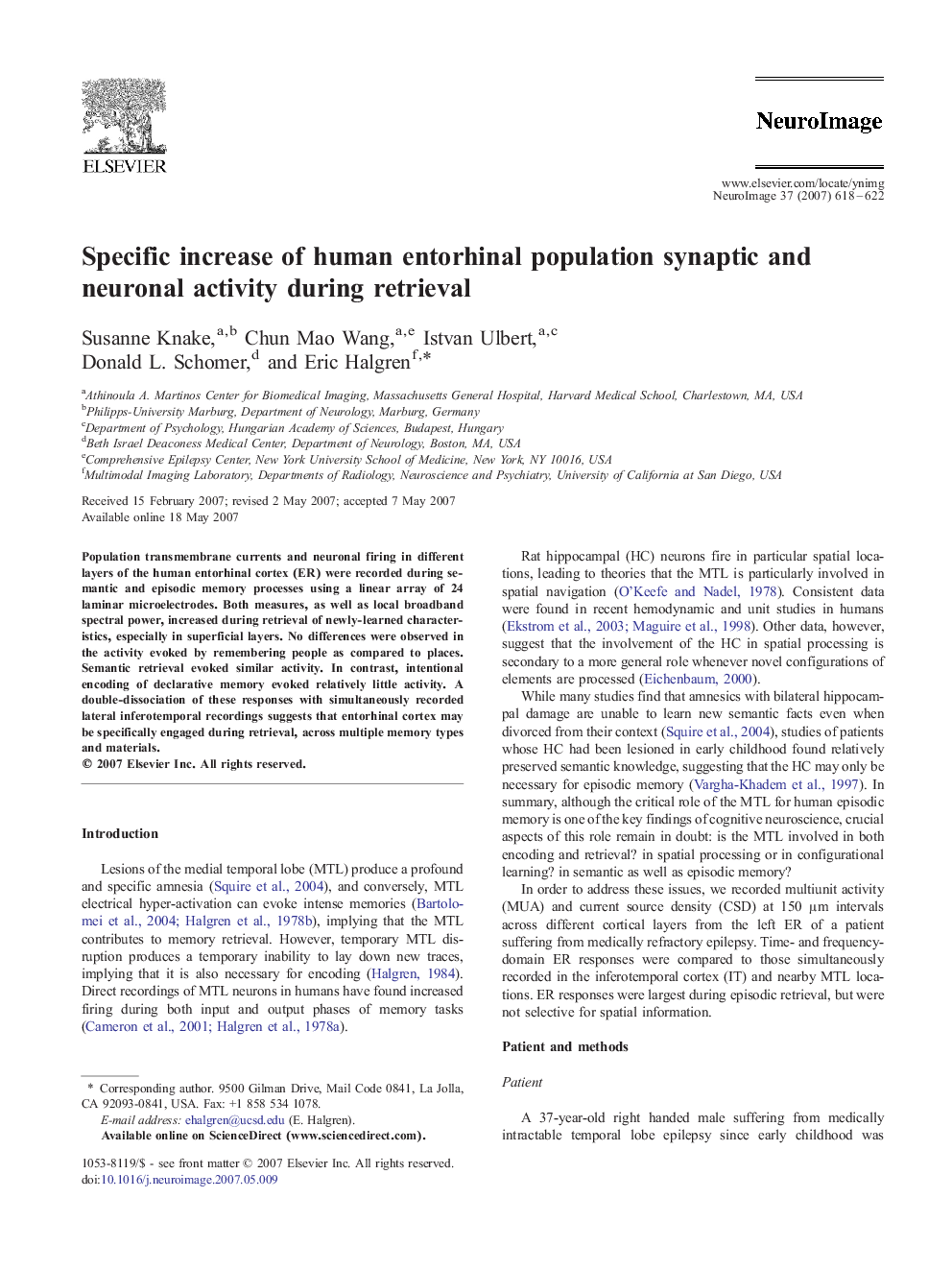 Specific increase of human entorhinal population synaptic and neuronal activity during retrieval