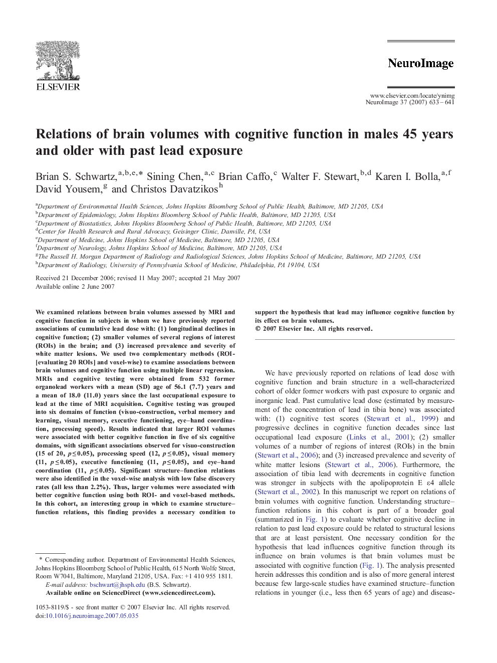 Relations of brain volumes with cognitive function in males 45 years and older with past lead exposure