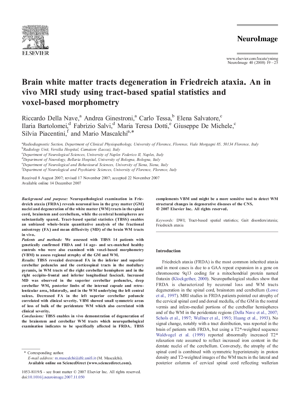 Brain white matter tracts degeneration in Friedreich ataxia. An in vivo MRI study using tract-based spatial statistics and voxel-based morphometry