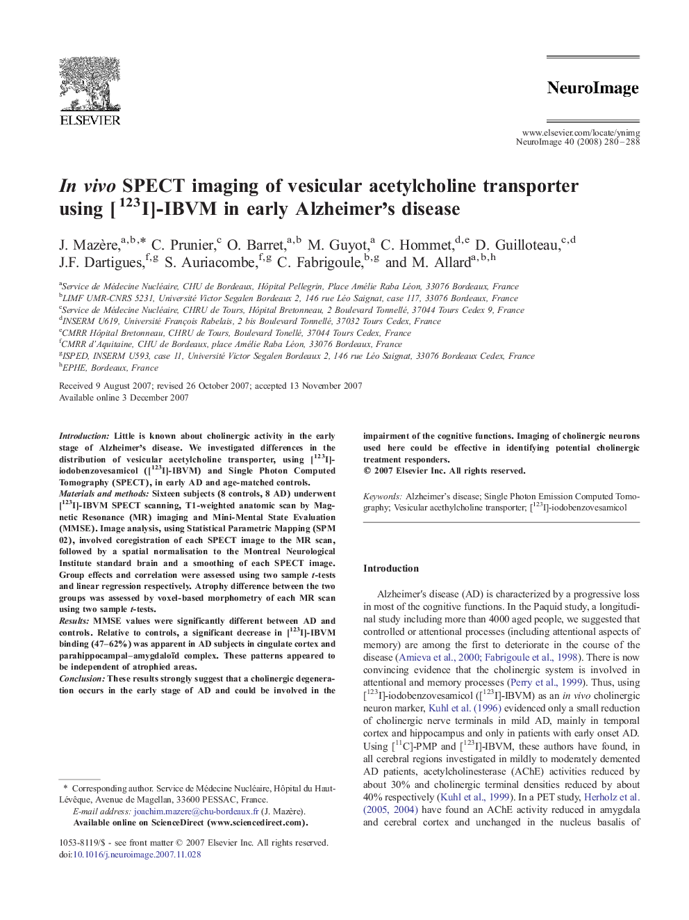 In vivo SPECT imaging of vesicular acetylcholine transporter using [123I]-IBVM in early Alzheimer's disease