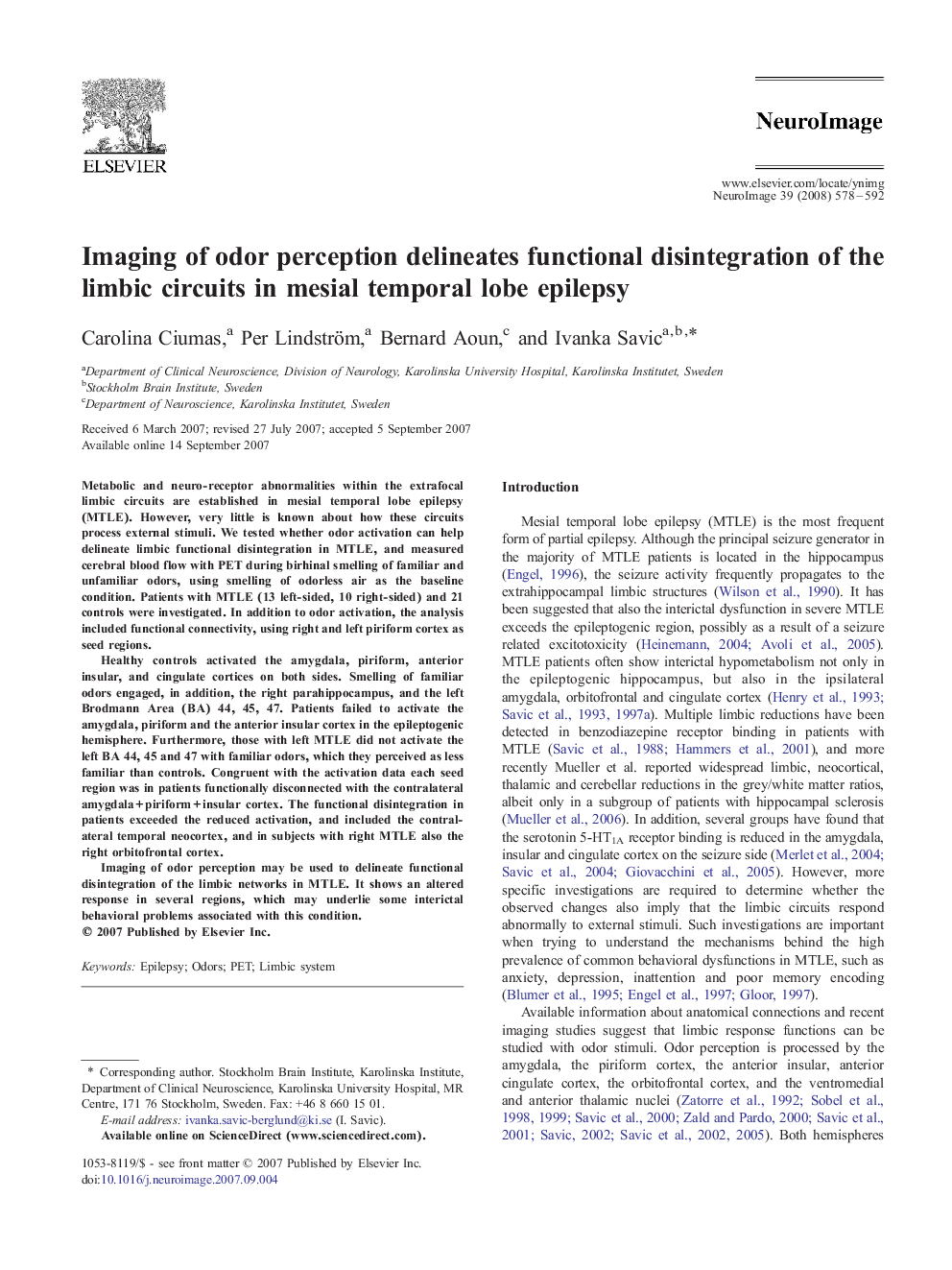 Imaging of odor perception delineates functional disintegration of the limbic circuits in mesial temporal lobe epilepsy