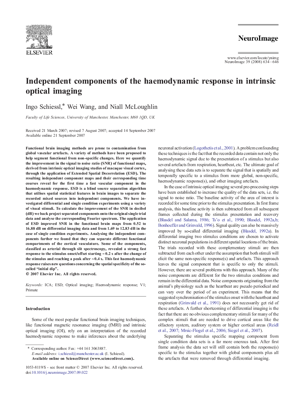 Independent components of the haemodynamic response in intrinsic optical imaging