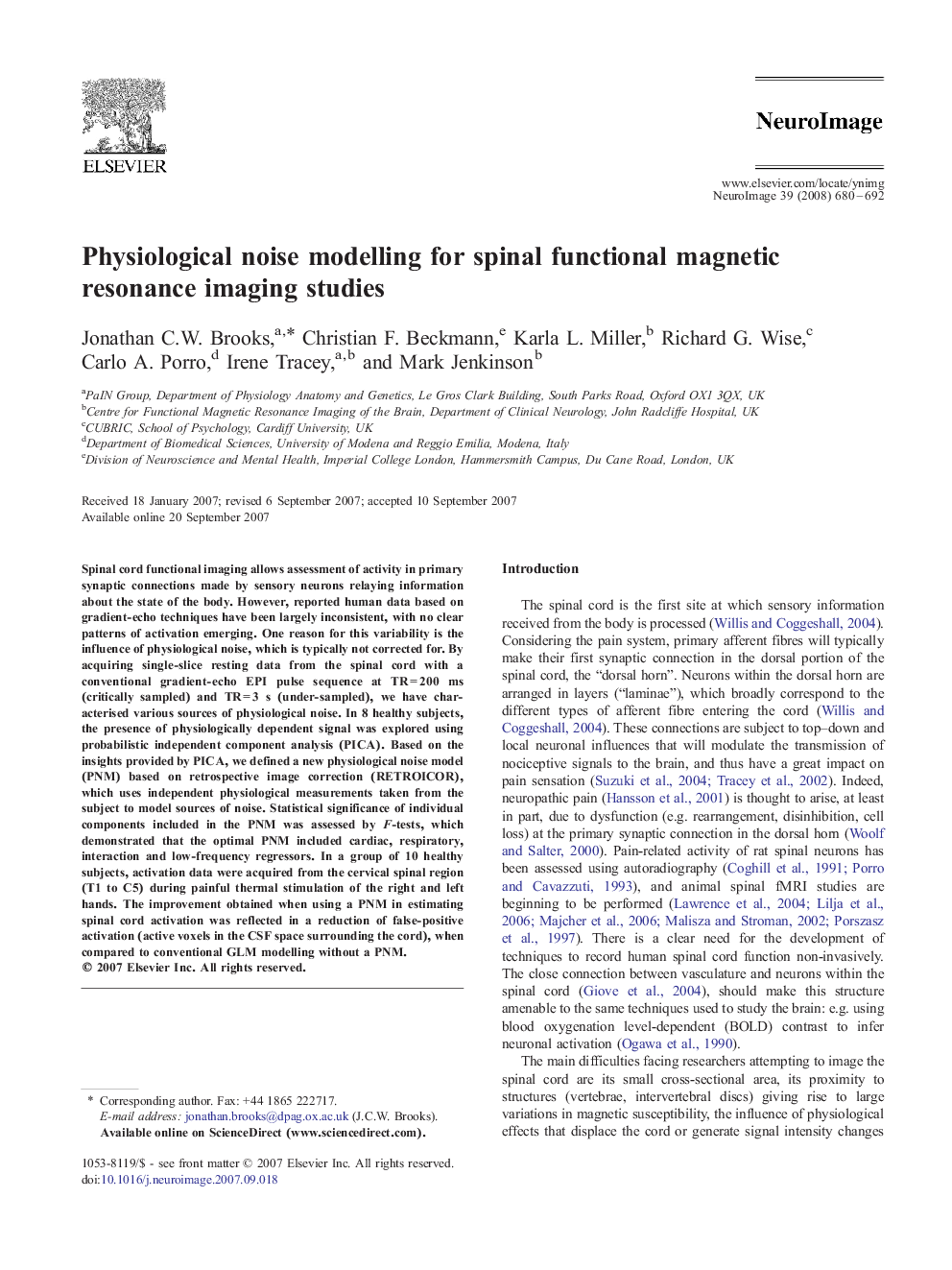 Physiological noise modelling for spinal functional magnetic resonance imaging studies
