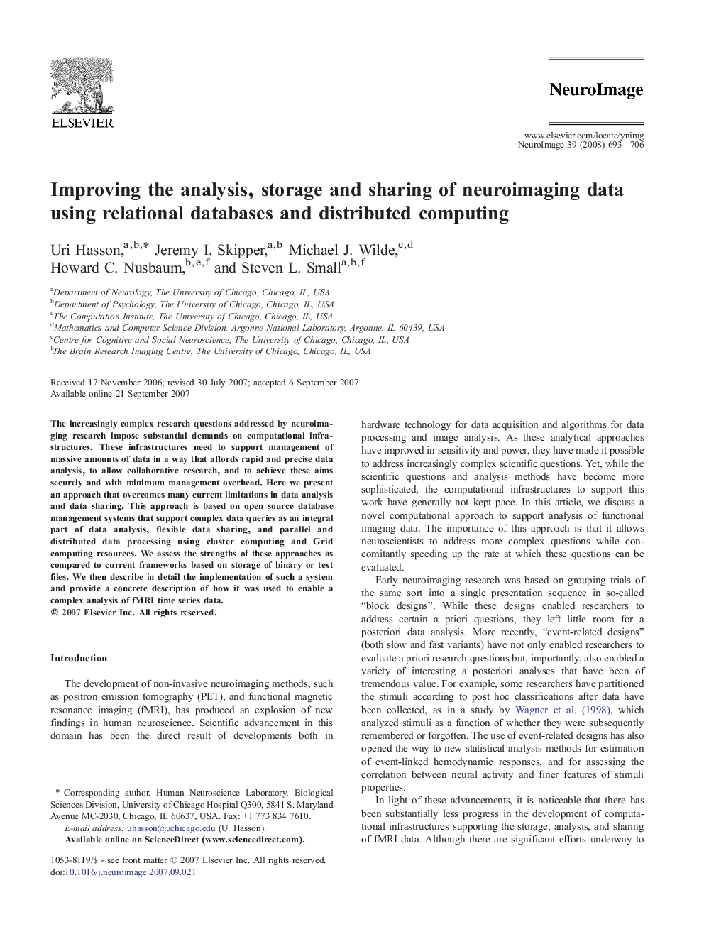 Improving the analysis, storage and sharing of neuroimaging data using relational databases and distributed computing