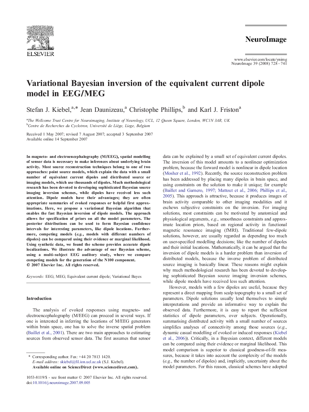 Variational Bayesian inversion of the equivalent current dipole model in EEG/MEG