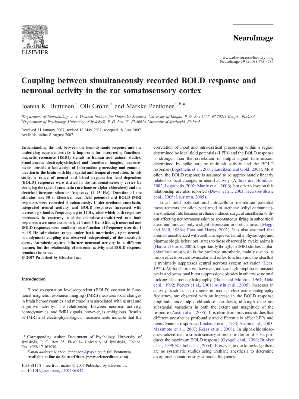 Coupling between simultaneously recorded BOLD response and neuronal activity in the rat somatosensory cortex