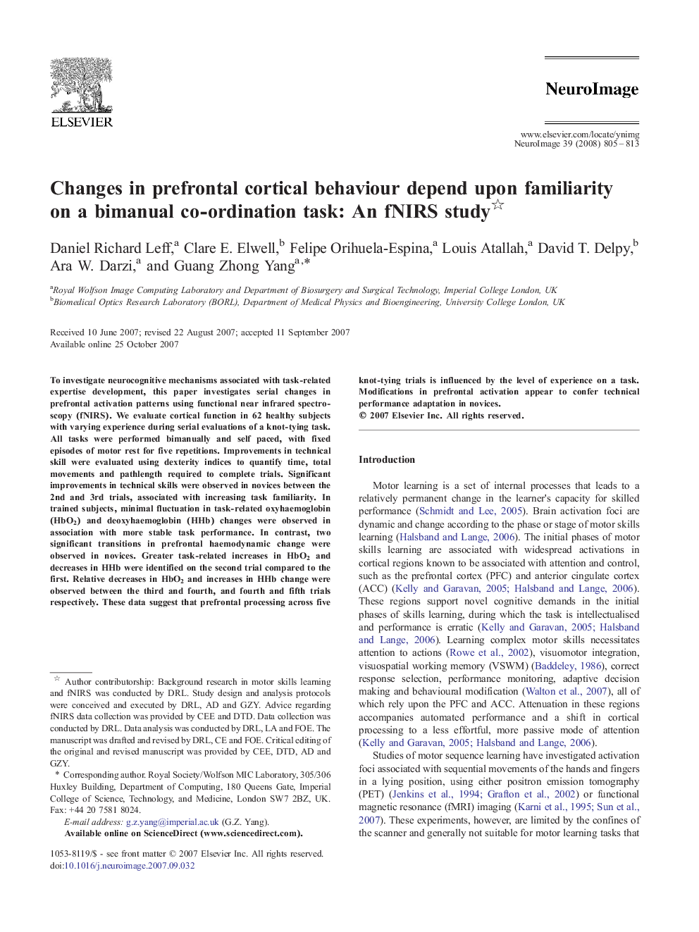 Changes in prefrontal cortical behaviour depend upon familiarity on a bimanual co-ordination task: An fNIRS study 