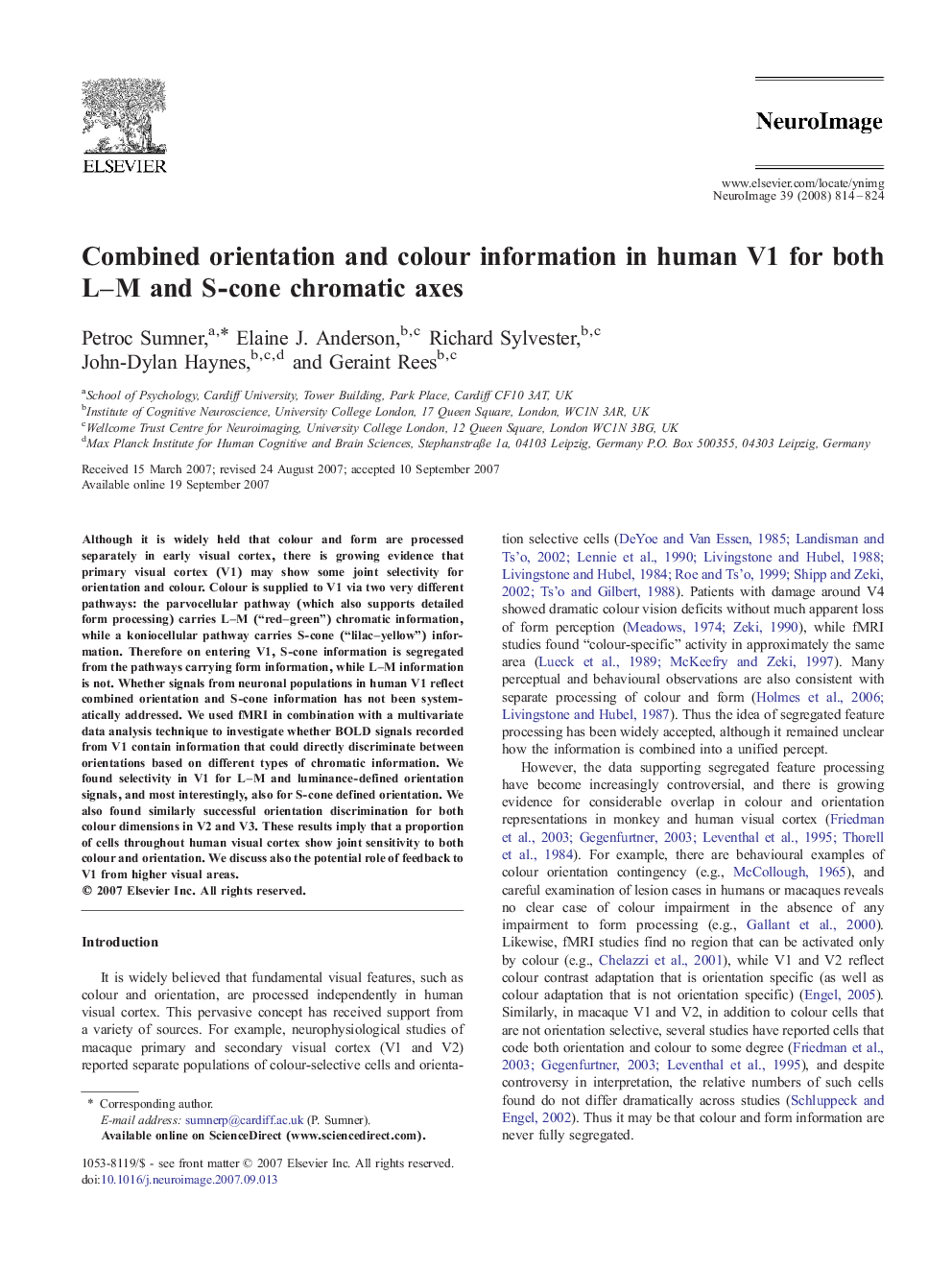 Combined orientation and colour information in human V1 for both L–M and S-cone chromatic axes