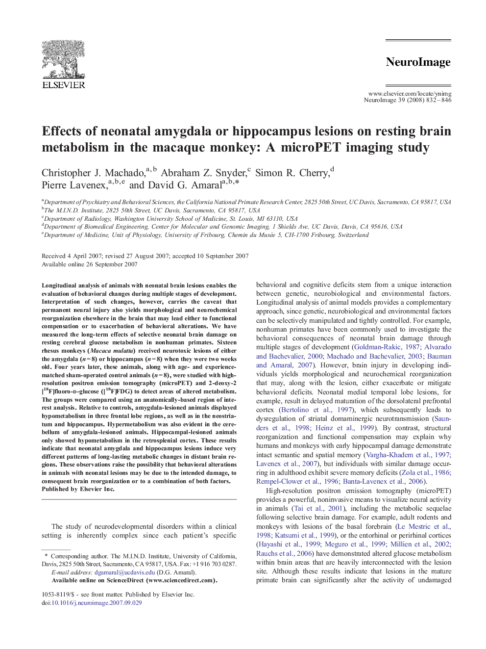 Effects of neonatal amygdala or hippocampus lesions on resting brain metabolism in the macaque monkey: A microPET imaging study