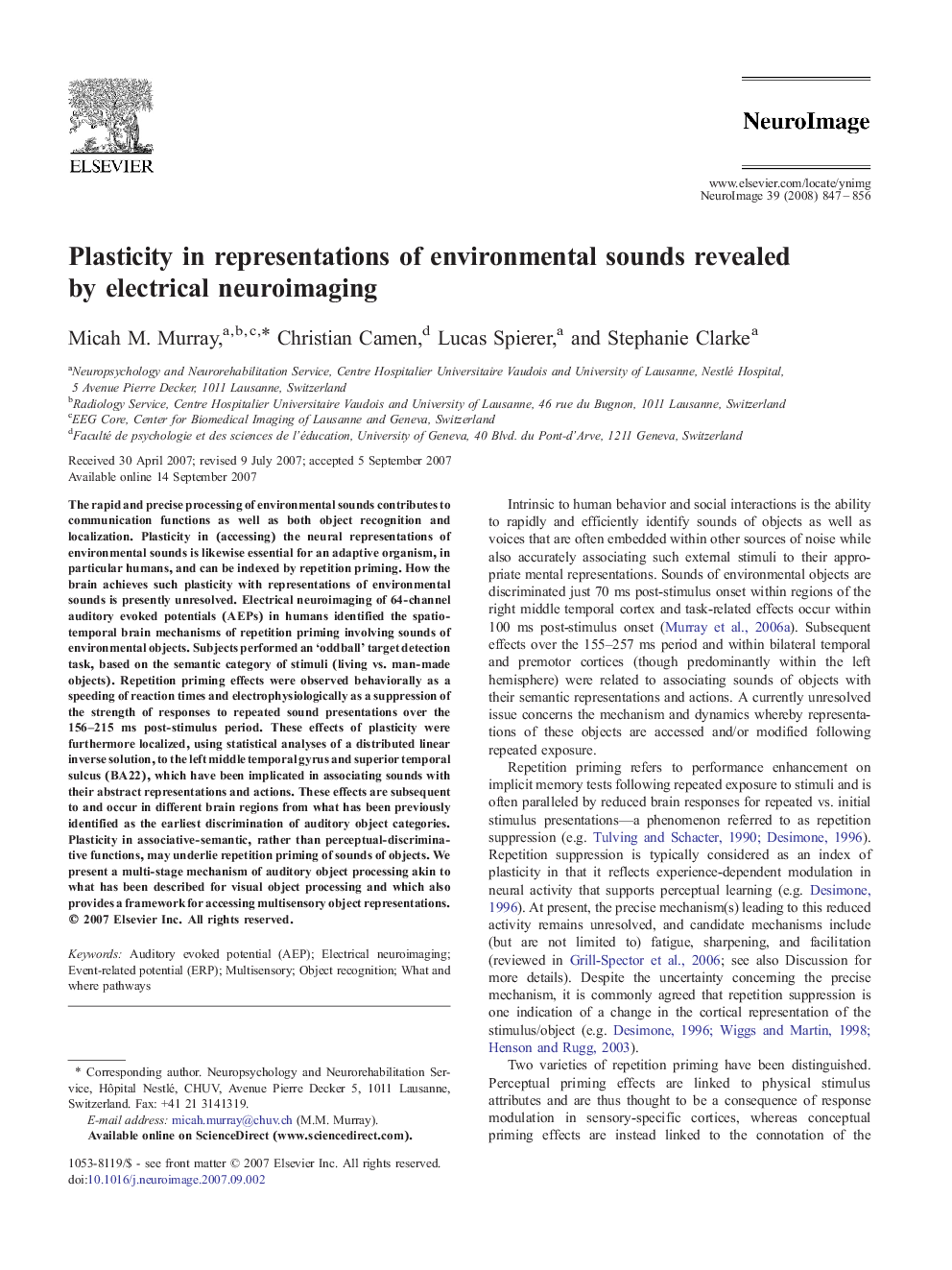 Plasticity in representations of environmental sounds revealed by electrical neuroimaging