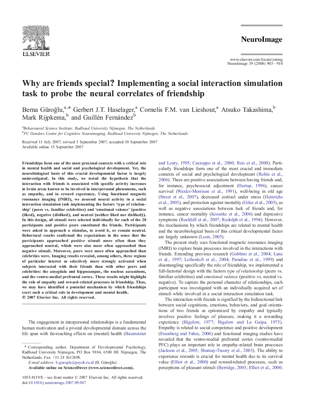 Why are friends special? Implementing a social interaction simulation task to probe the neural correlates of friendship