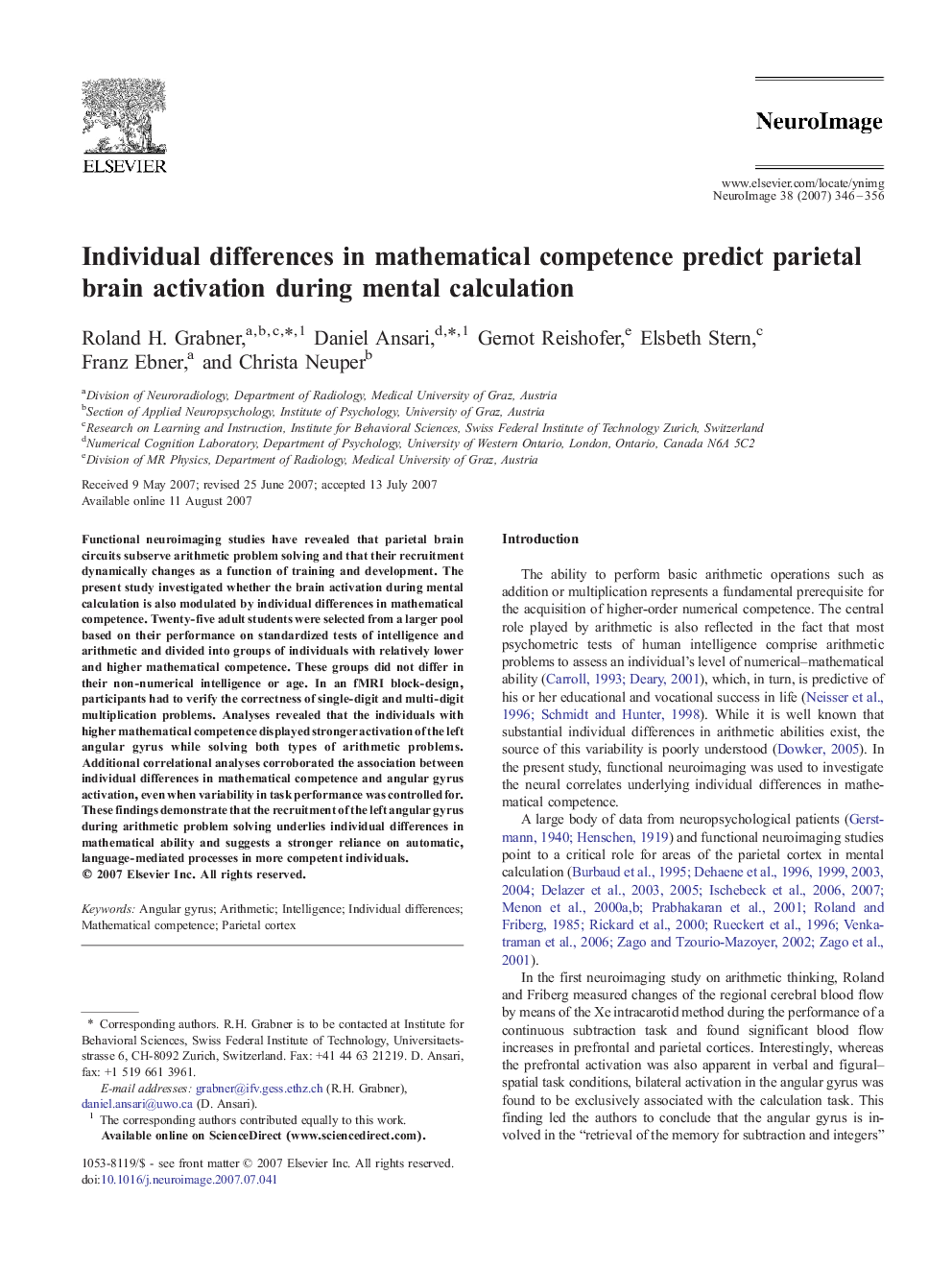 Individual differences in mathematical competence predict parietal brain activation during mental calculation