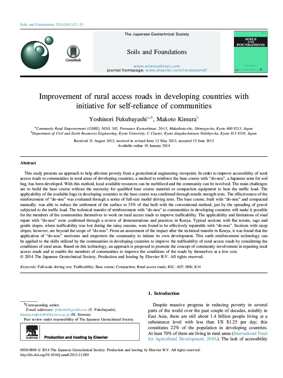 Improvement of rural access roads in developing countries with initiative for self-reliance of communities 