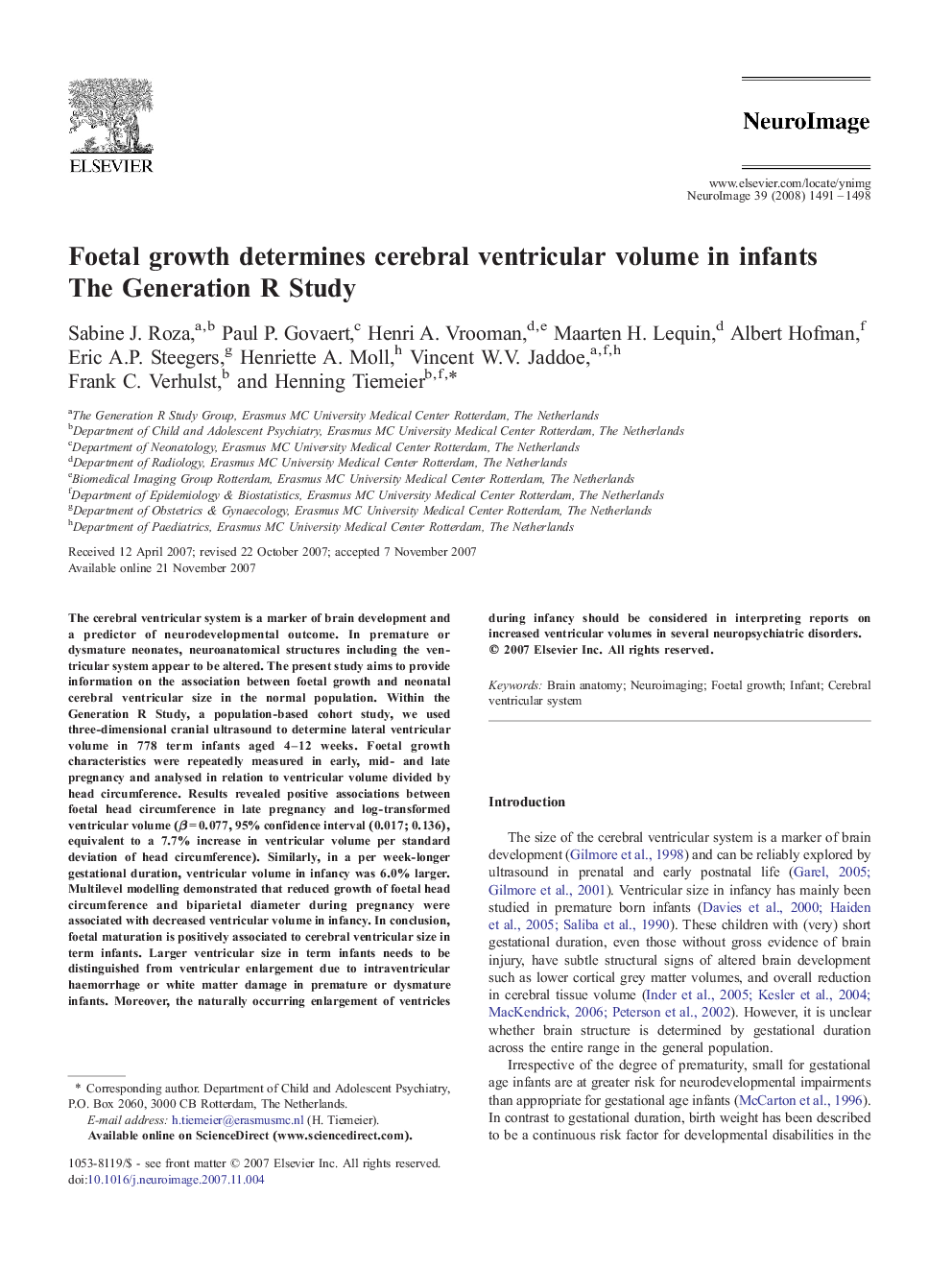 Foetal growth determines cerebral ventricular volume in infants: The Generation R Study