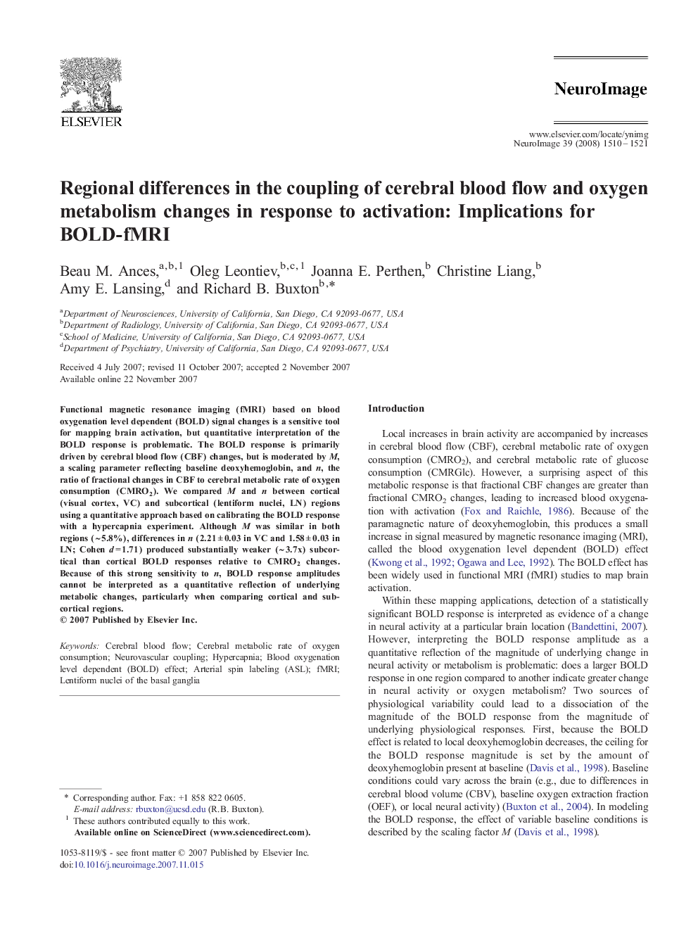 Regional differences in the coupling of cerebral blood flow and oxygen metabolism changes in response to activation: Implications for BOLD-fMRI