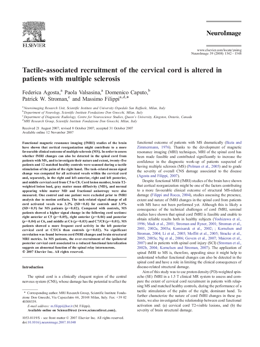 Tactile-associated recruitment of the cervical cord is altered in patients with multiple sclerosis