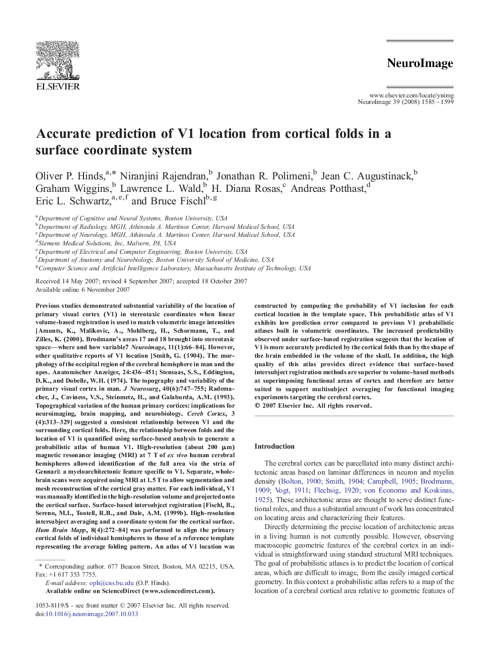 Accurate prediction of V1 location from cortical folds in a surface coordinate system