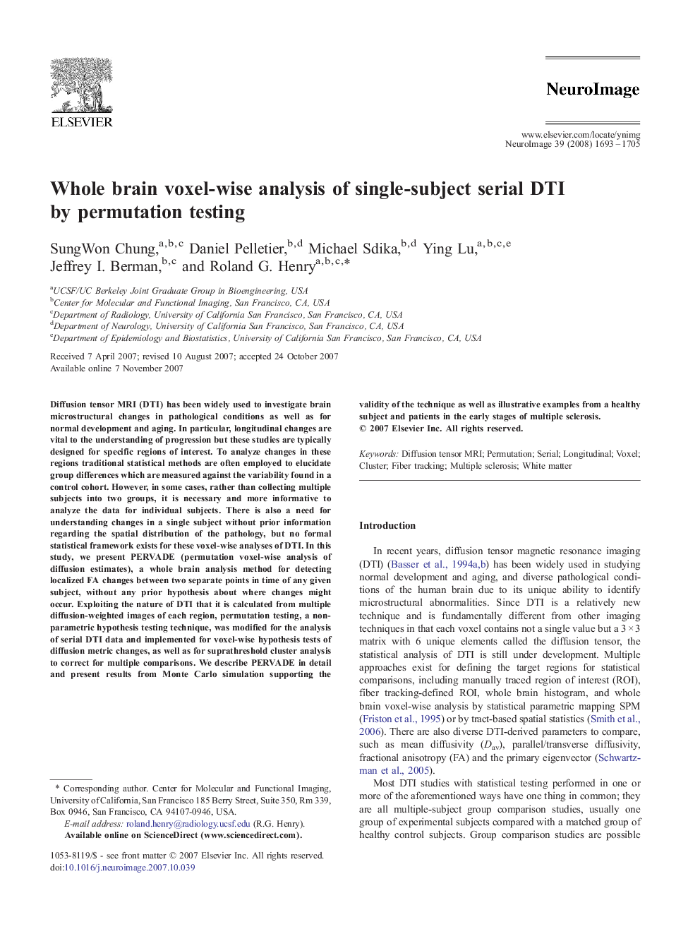 Whole brain voxel-wise analysis of single-subject serial DTI by permutation testing