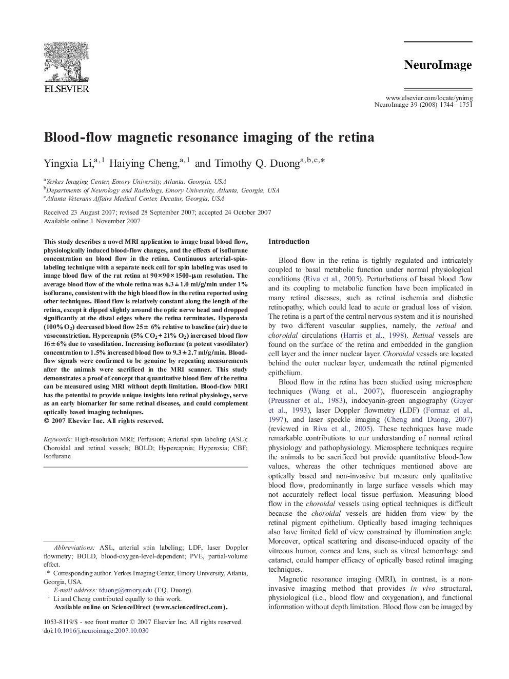 Blood-flow magnetic resonance imaging of the retina