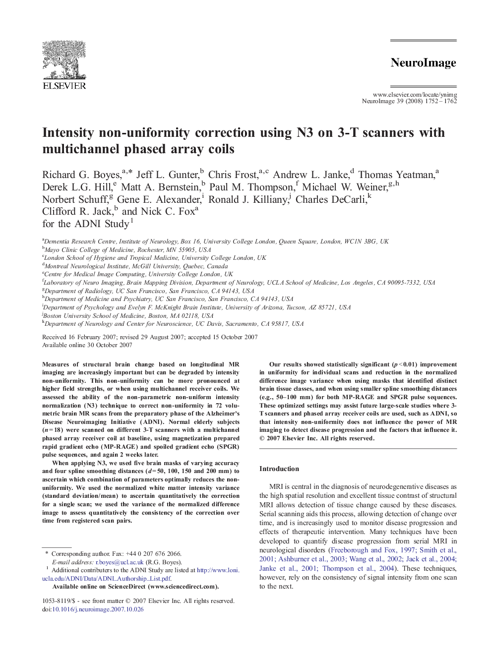 Intensity non-uniformity correction using N3 on 3-T scanners with multichannel phased array coils