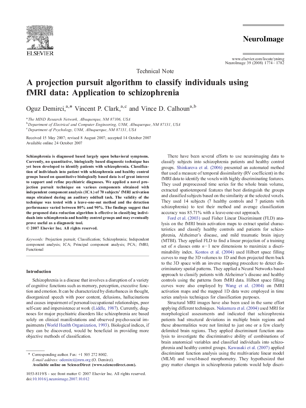 A projection pursuit algorithm to classify individuals using fMRI data: Application to schizophrenia