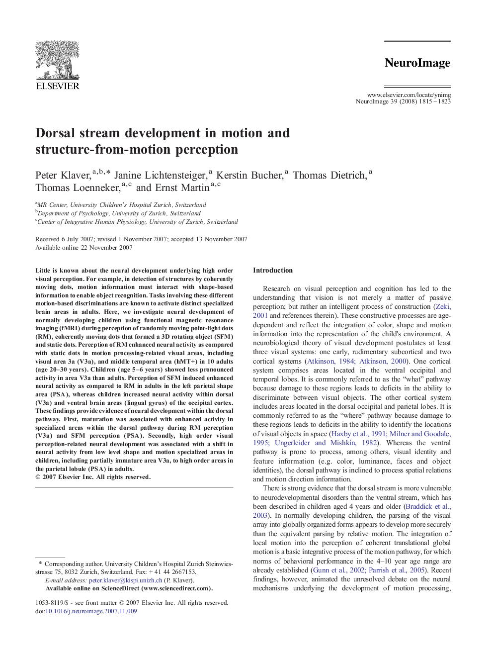 Dorsal stream development in motion and structure-from-motion perception
