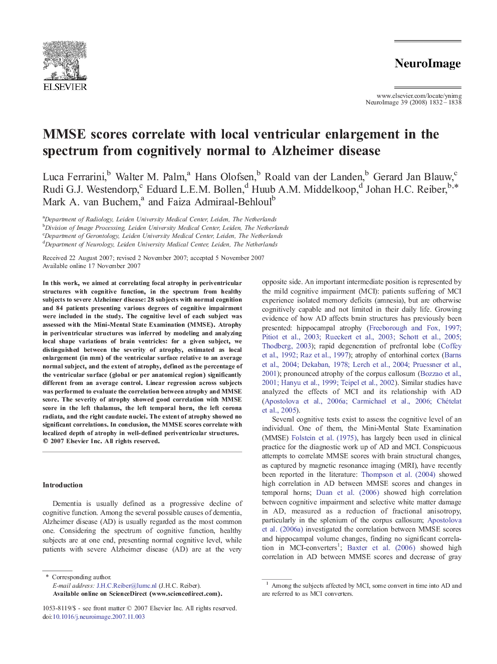 MMSE scores correlate with local ventricular enlargement in the spectrum from cognitively normal to Alzheimer disease