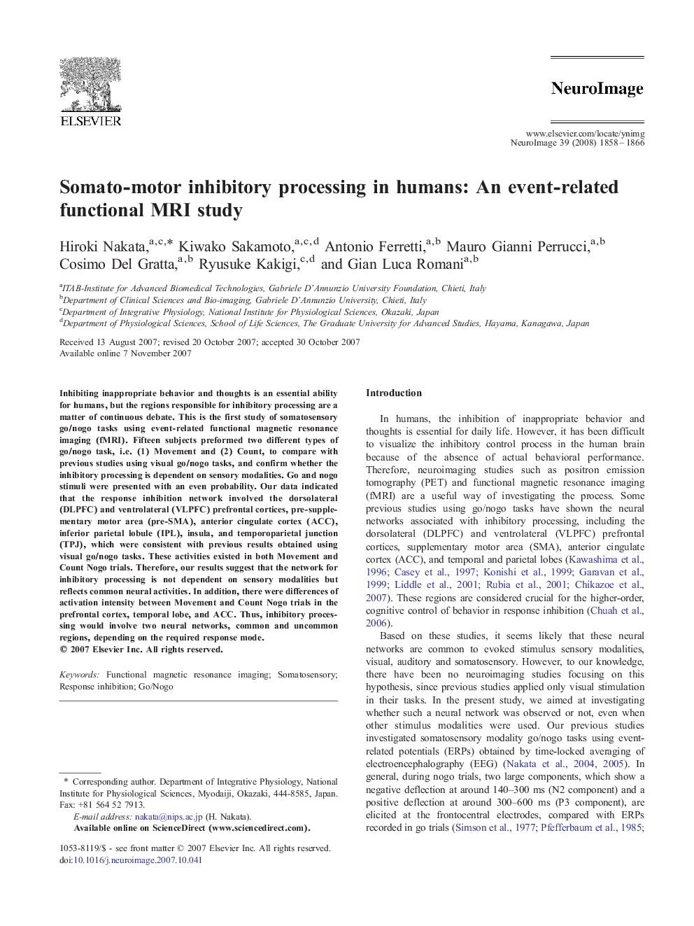 Somato-motor inhibitory processing in humans: An event-related functional MRI study