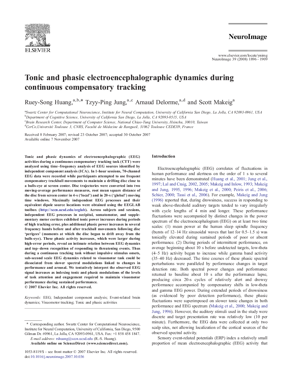 Tonic and phasic electroencephalographic dynamics during continuous compensatory tracking