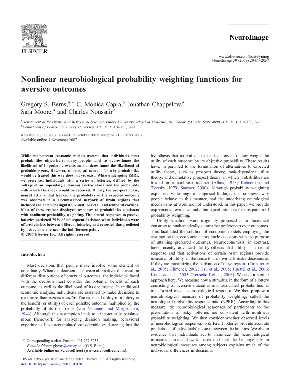 Nonlinear neurobiological probability weighting functions for aversive outcomes