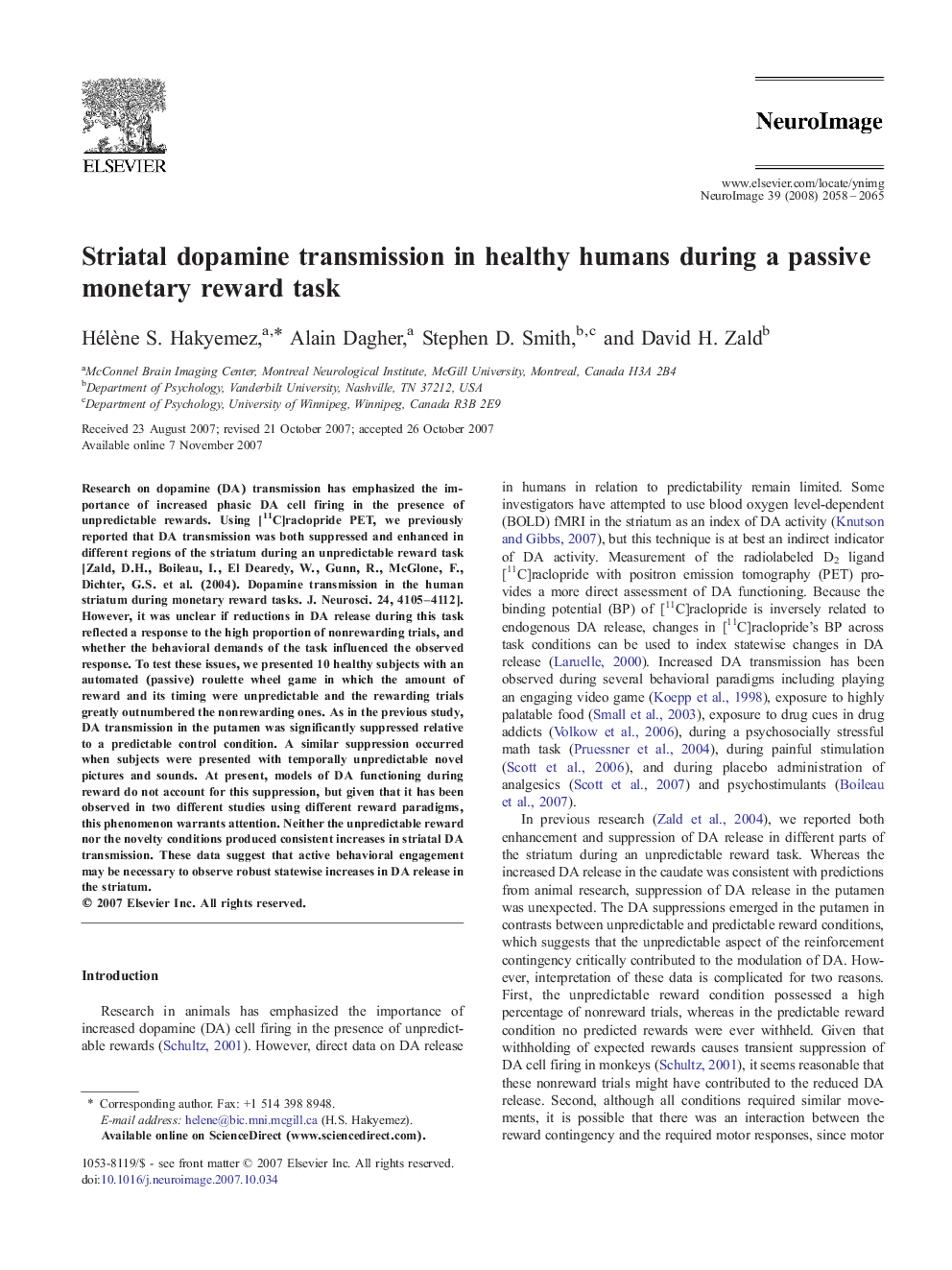 Striatal dopamine transmission in healthy humans during a passive monetary reward task