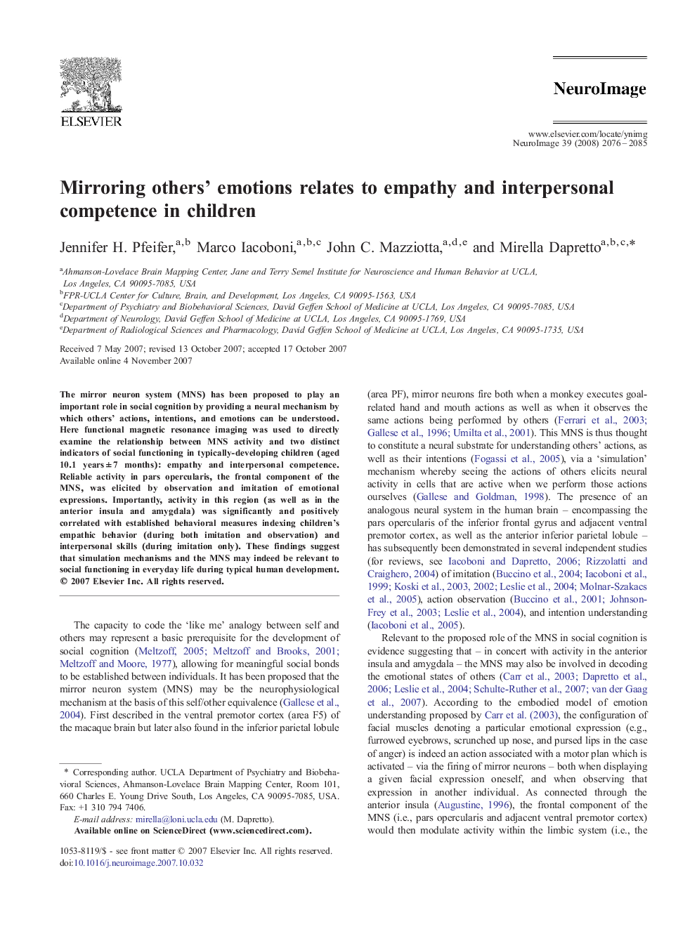Mirroring others' emotions relates to empathy and interpersonal competence in children