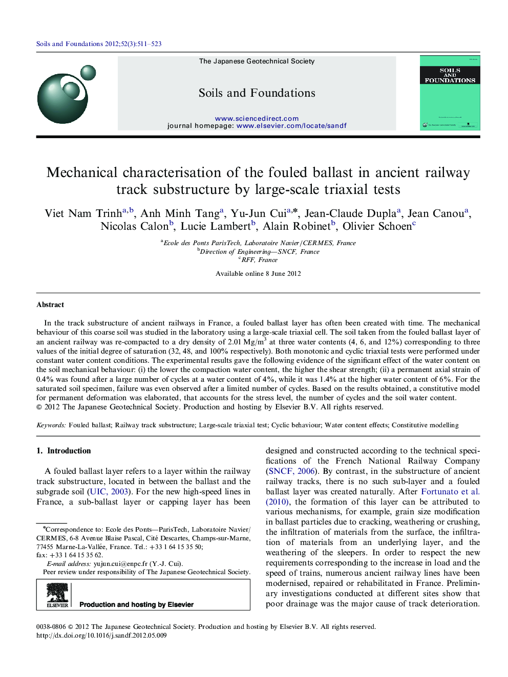 Mechanical characterisation of the fouled ballast in ancient railway track substructure by large-scale triaxial tests 