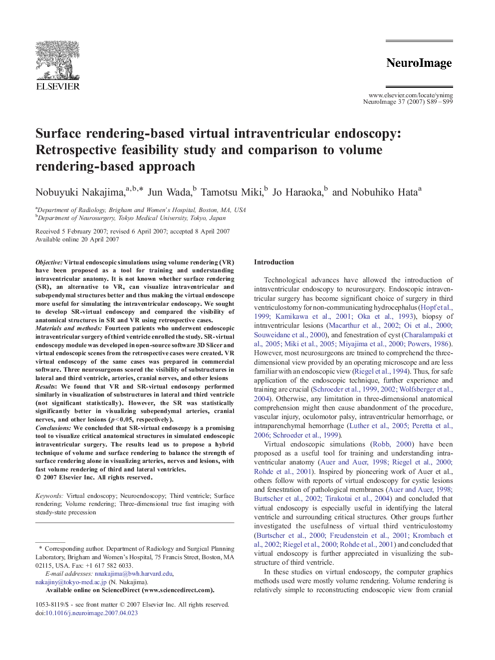 Surface rendering-based virtual intraventricular endoscopy: Retrospective feasibility study and comparison to volume rendering-based approach