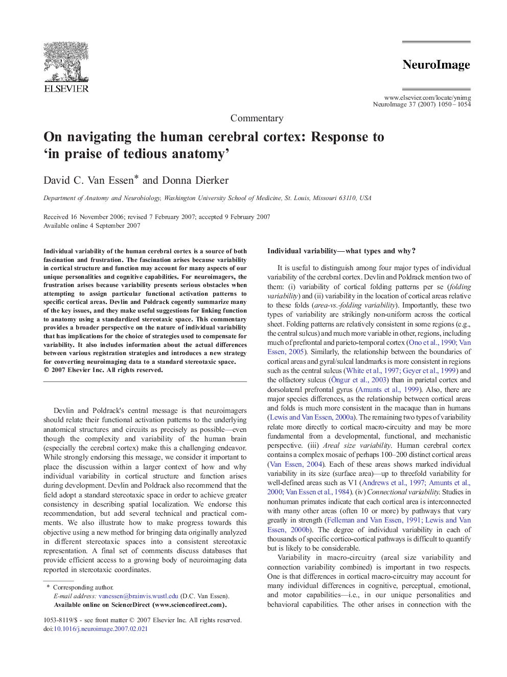 عکس صفحه اول مقاله: On navigating the human cerebral cortex: Response to ‘in praise of tedious anatomy’ On navigating the human cerebral cortex: Response to ‘in praise of tedious anatomy’