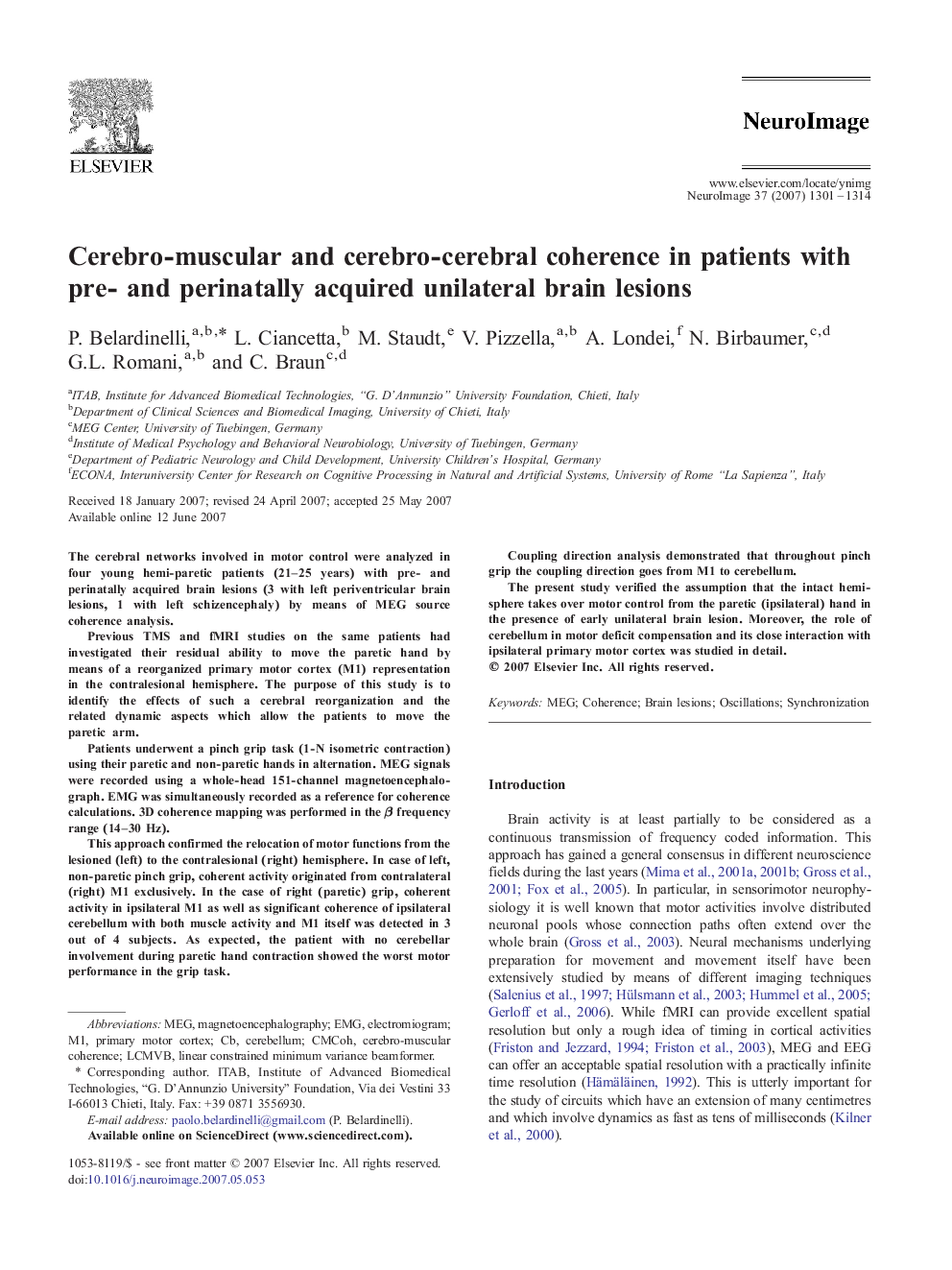 Cerebro-muscular and cerebro-cerebral coherence in patients with pre- and perinatally acquired unilateral brain lesions