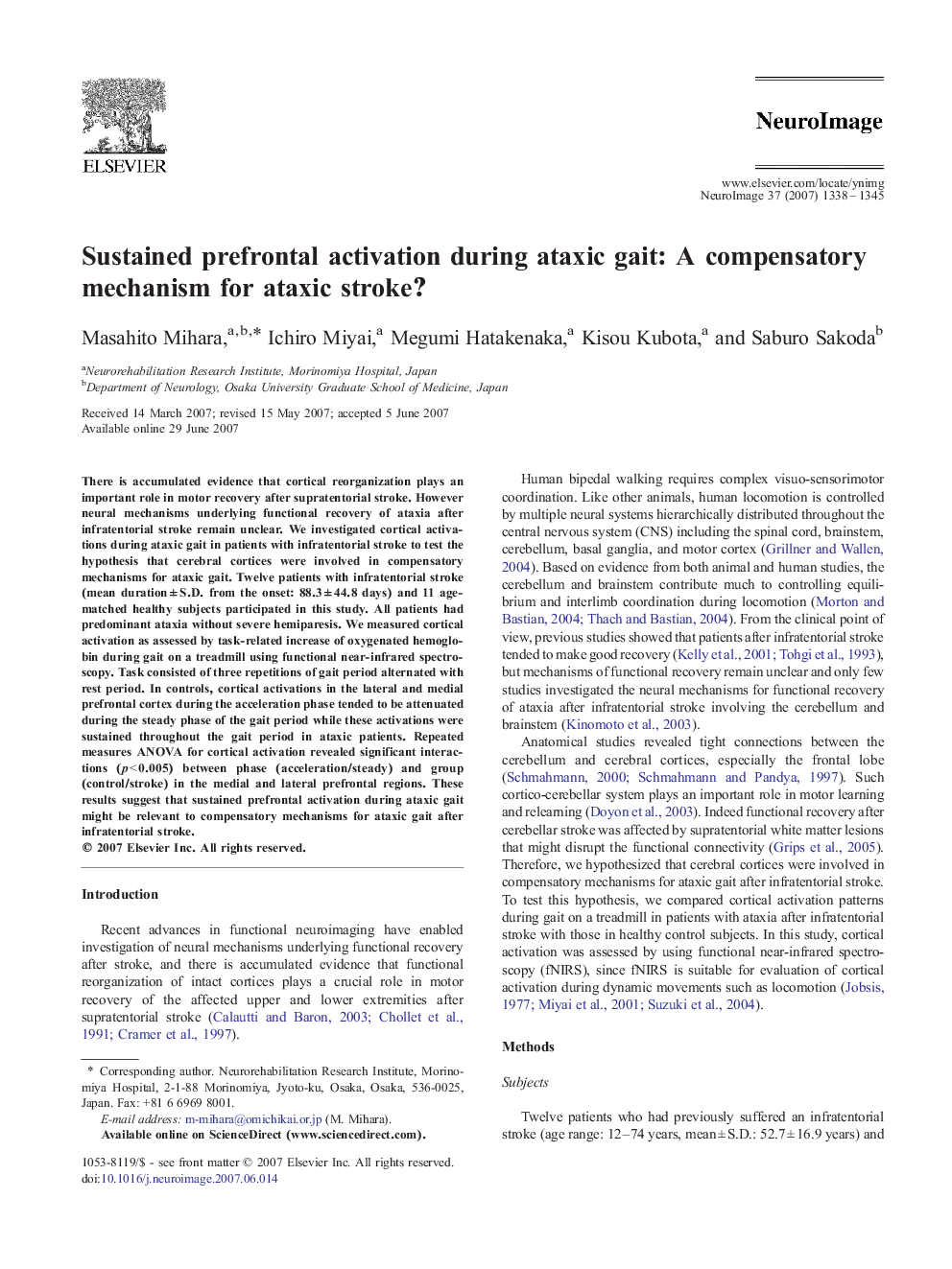 Sustained prefrontal activation during ataxic gait: A compensatory mechanism for ataxic stroke?