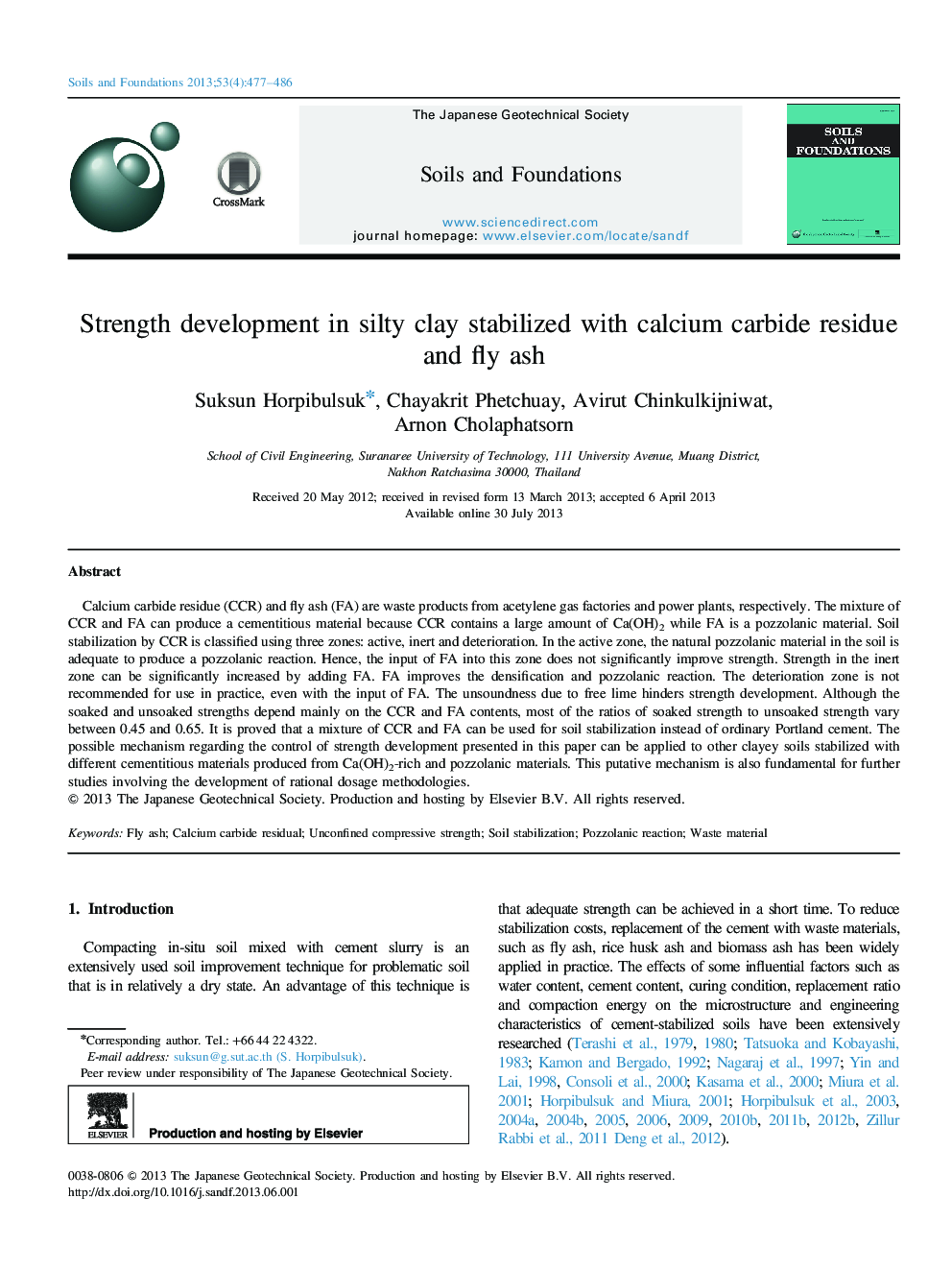 Strength development in silty clay stabilized with calcium carbide residue and fly ash 