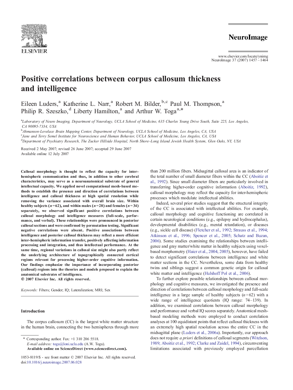 Positive correlations between corpus callosum thickness and intelligence