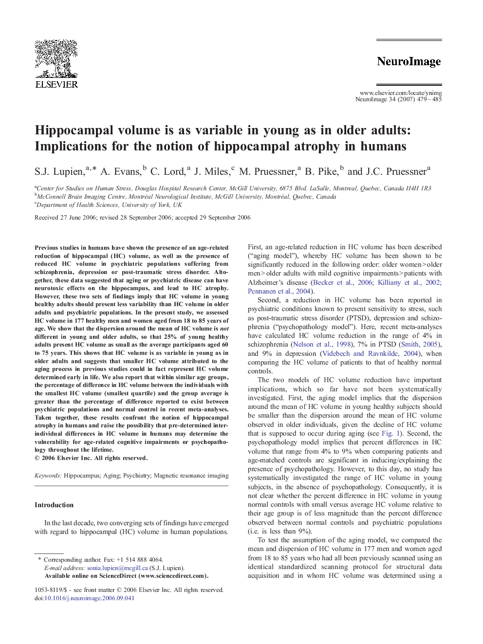 عکس صفحه اول مقاله: Hippocampal volume is as variable in young as in older adults: Implications for the notion of hippocampal atrophy in humans Hippocampal volume is as variable in young as in older adults: Implications for the notion of hippocampal atrophy in humans