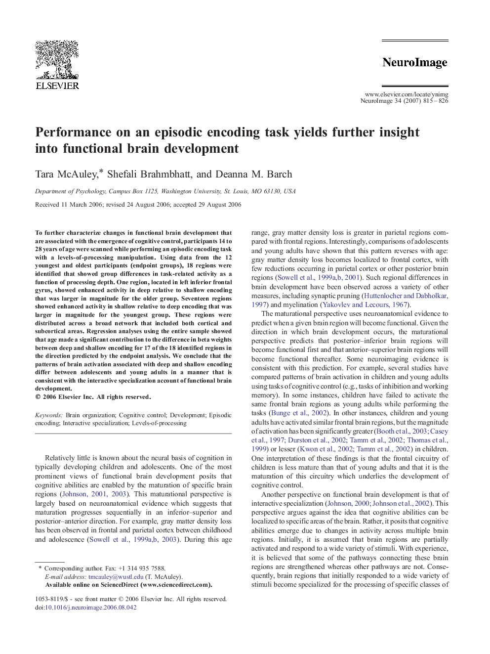 Performance on an episodic encoding task yields further insight into functional brain development