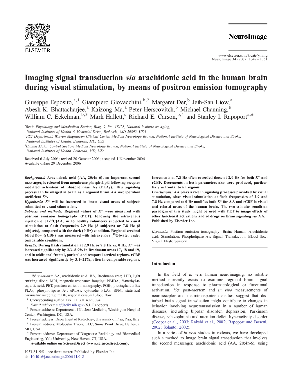 Imaging signal transduction via arachidonic acid in the human brain during visual stimulation, by means of positron emission tomography