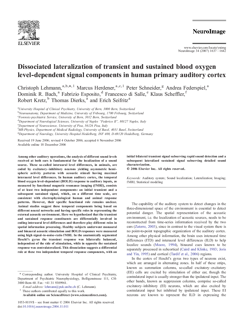 Dissociated lateralization of transient and sustained blood oxygen level-dependent signal components in human primary auditory cortex